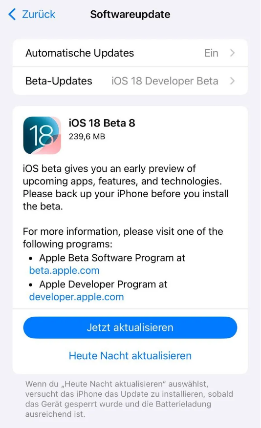 云龙苹果手机维修分享苹果 iOS / iPadOS 18 开发者预览版 Beta 8 发布 